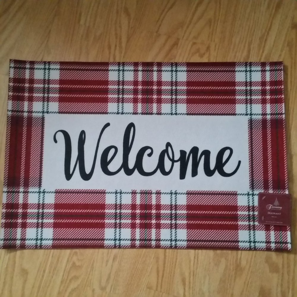 Welcome Doormat Plaid Red White Green Christmas Winter Holiday